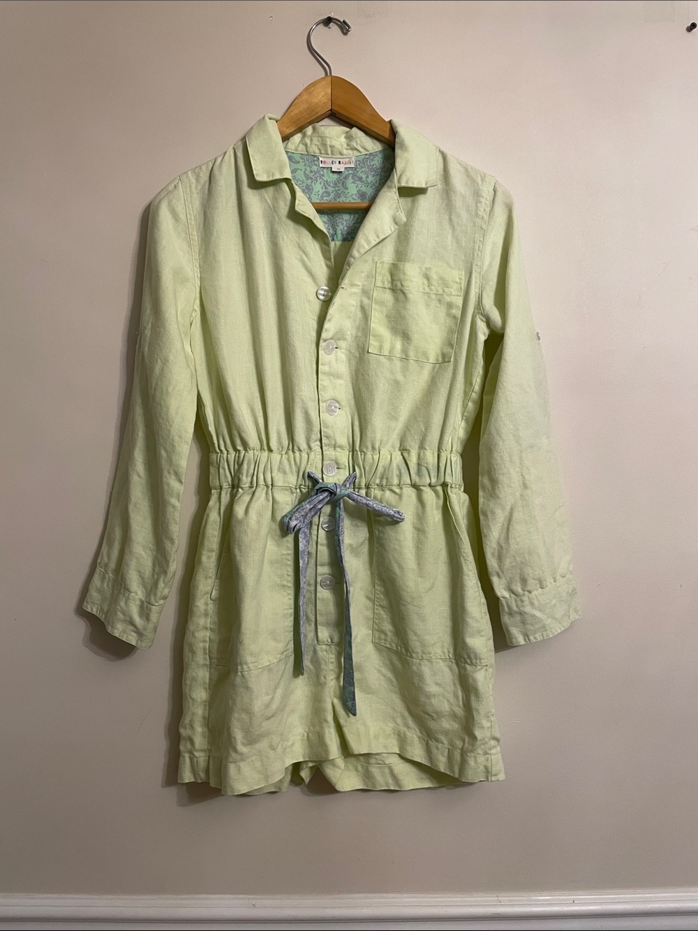 Roller Rabbit 100% Linen Green Utility Romper Size XS Long Sleeve Belted - Picture 4 of 10